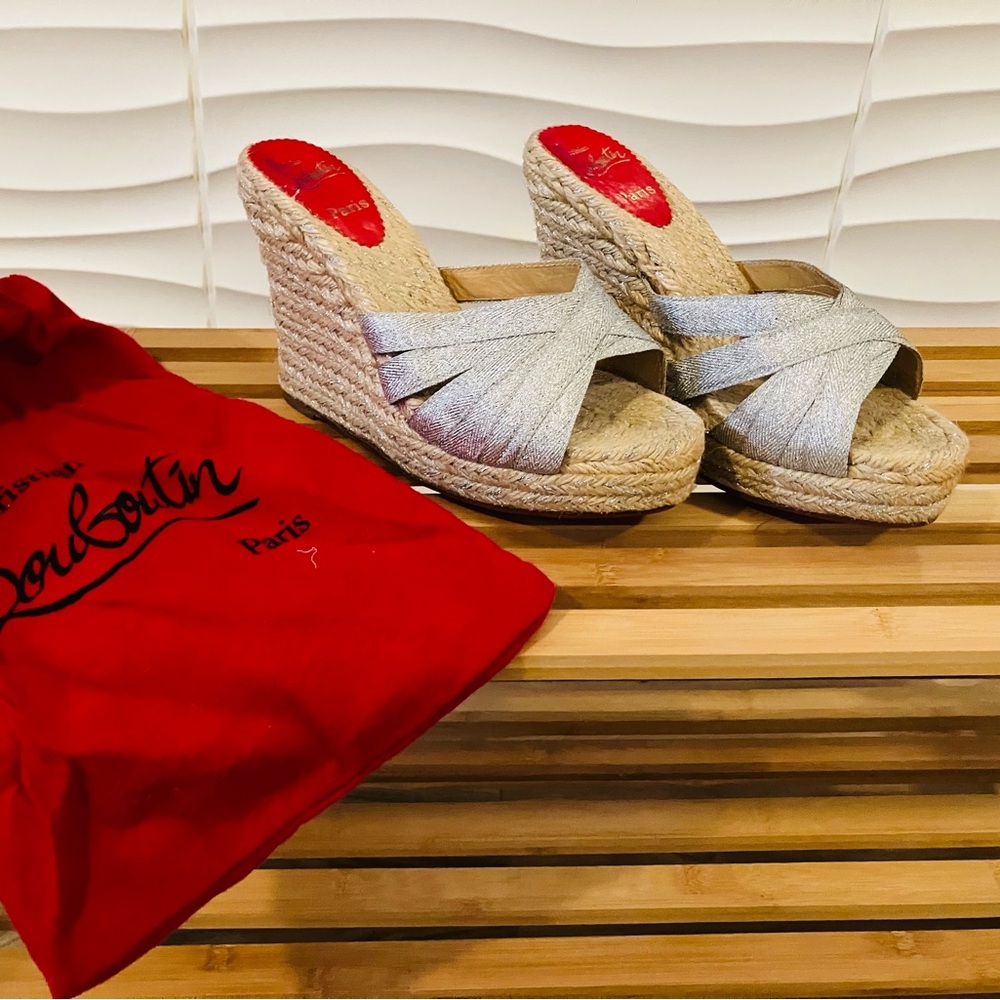 Louboutin Glitter Accents silver espadrille wedges